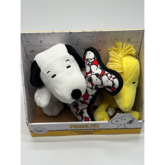 Peanuts 3 Piece Tough‎ Dog Toy Set Snoopy Woodstock Squeaker Bone - Picture 5 of 5